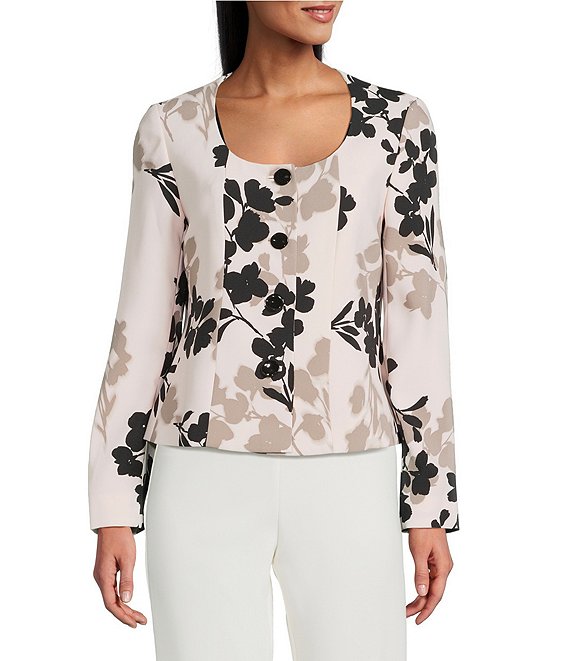 Anne Klein Floral Print Twill Scoop Neck Jacket