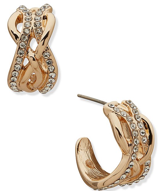 Anne Klein Gold Tone Crystal Multirow Wave C Hoop Earrings