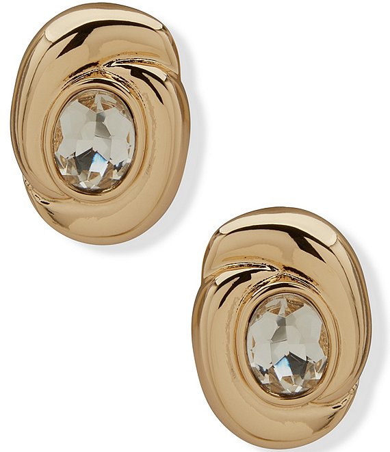 Anne Klein Gold Tone Crystal Twisted Oval Stone Button Clip Stud Earrings