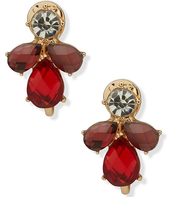 Anne Klein Gold Tone Red Cluster Stone Button Drop Clip Earrings
