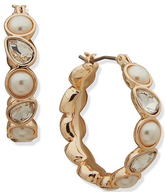 Anne Klein Gold Tone White Pearl Crystal Hoop Earrings | Dillard's