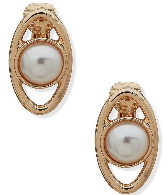 Gold-Tone Pearl Logo Clip on Earrings