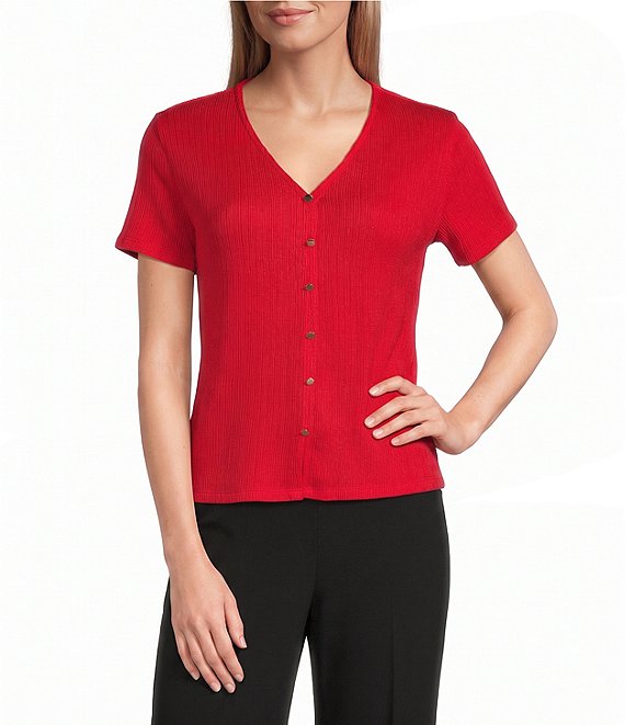 Anne Klein Knit Short Sleeve V Neck With Button Front Top
