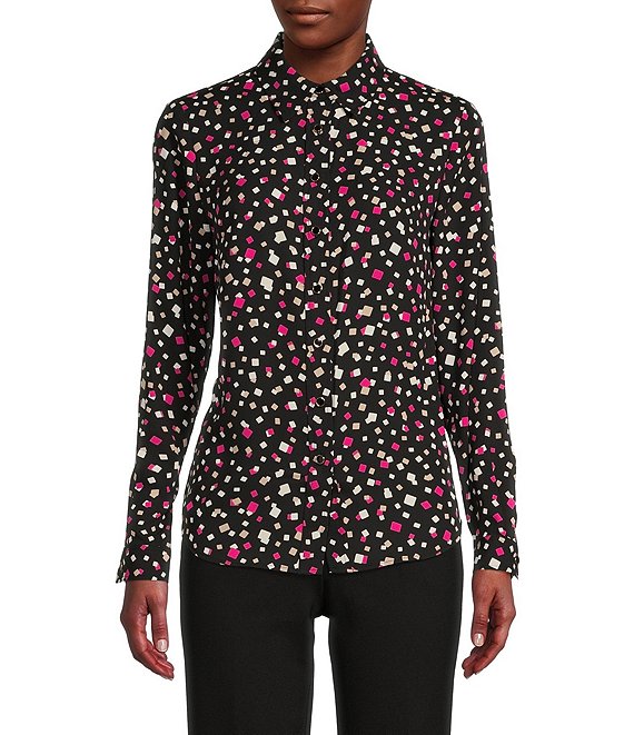 Color:Anne Black Multi - Image 1 - Long Sleeve Collared Neck Button Front Blouse