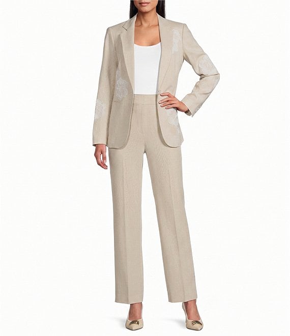Anne Klein One Button Notch Collar Linen Blend Applique Jacket