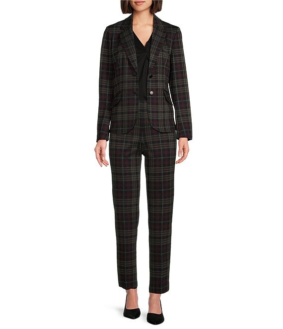 Anne Klein Womens Plaid Print Notched Collar Blazer Pull On Ankle