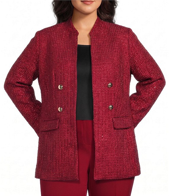 Anne Klein Plus Size Eyelash Tweet Sequin Mandarin Collar Open Front Jacket
