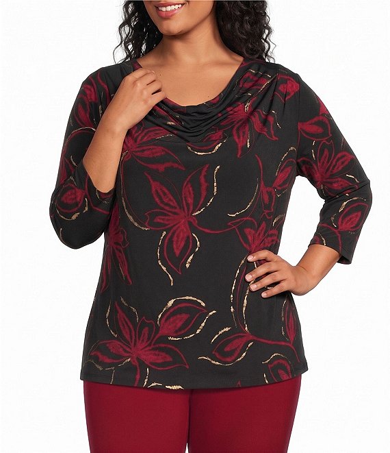 Anne Klein Plus Size Foil Print Cowl Neck 3/4 Sleeve Top