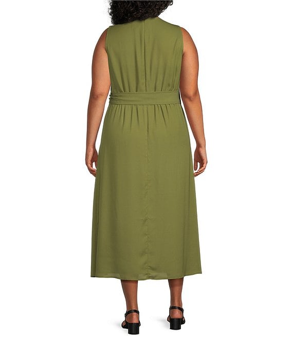 anne klein green dress Plus Size Faux-Wrap A-Line Midi - Bay Leaf Multi occasion _Vacay