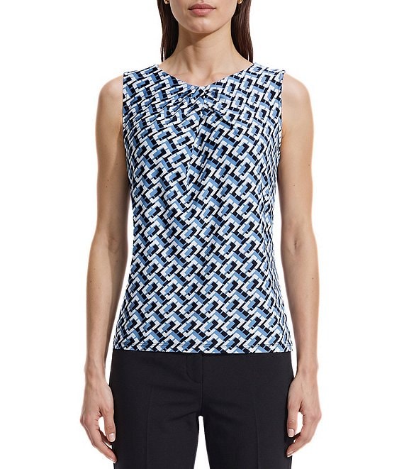 Anne Klein Printed Asymmetrical Pleated Neck Sleeveless Shell Top