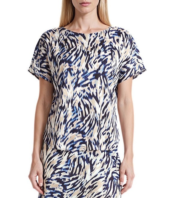Anne Klein Printed Flat Satin Bateau Neck Short Sleeve Coordinating Top