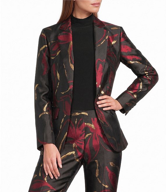 Anne Klein Printed Twill Jacquard Metallic Notch Collar One Button Front Blazer