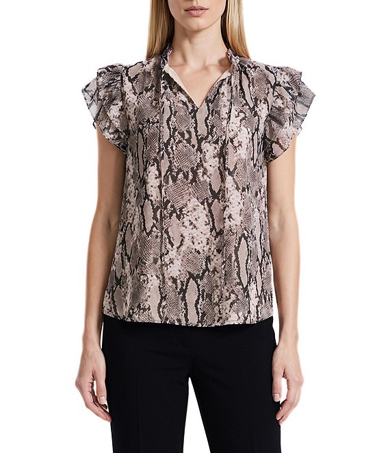 Anne Klein Ruffle Sleeve Chiffon Printed Blouse