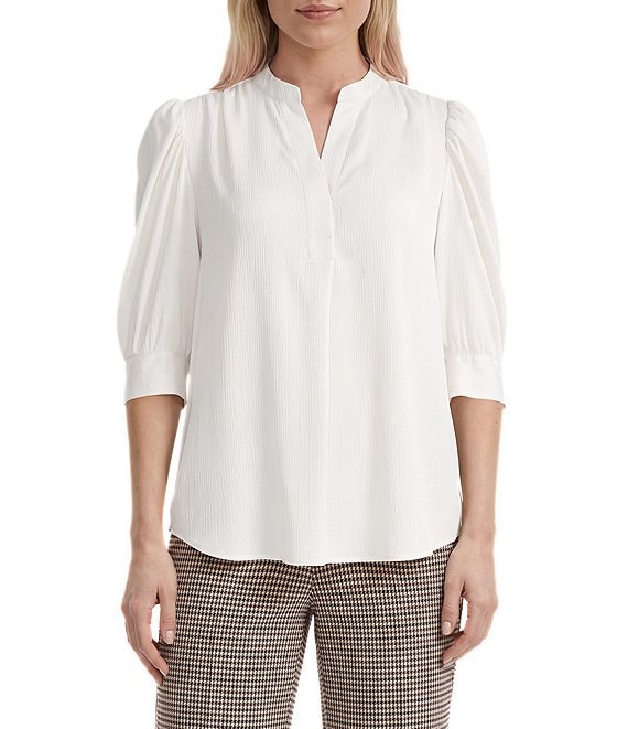 Anne Klein Satin Yoryu Y-Neck Puff Sleeves Pullover Blouse