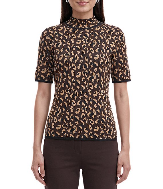 Anne Klein Short Sleeve Animal Jacquard Mock Neck
