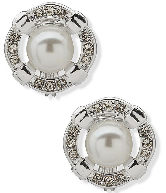 Anne Klein Silver Tone Openwork Pearl & Stone Button Stud Clip Earrings