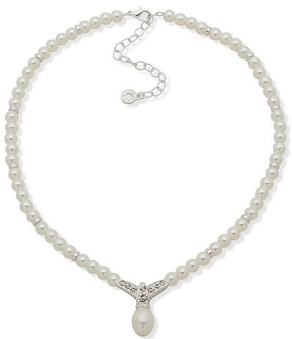 Anne Klein Silver Tone Pearl & Stone Short Pendant Necklace