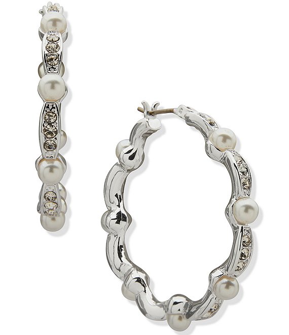 Anne Klein Silver Tone Pearl Scalloped Hoop Earrings