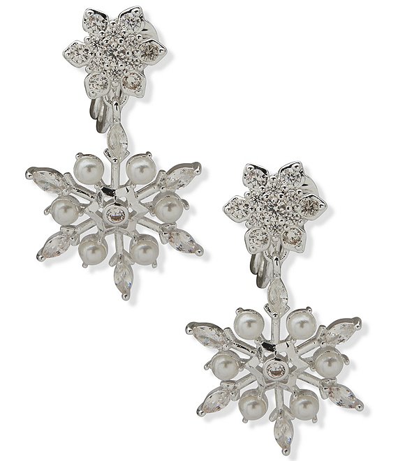 Anne Klein Silver Tone Snowflake Double Drop Clip Earrings