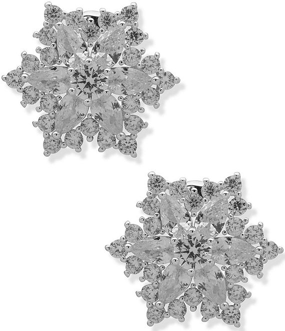 Anne Klein Silver Tone Snowflake Motif Stone Button Stud Clip Earrings