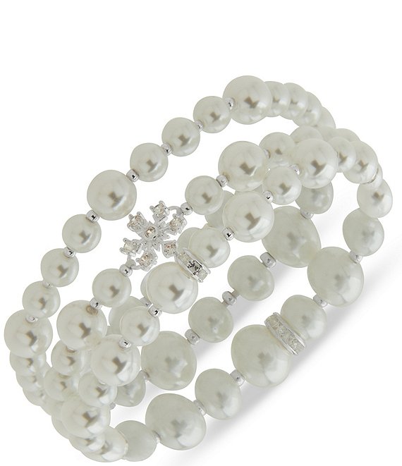 Anne Klein Silver Tone Snowflake Pearl Motif Stretch Bracelet Set