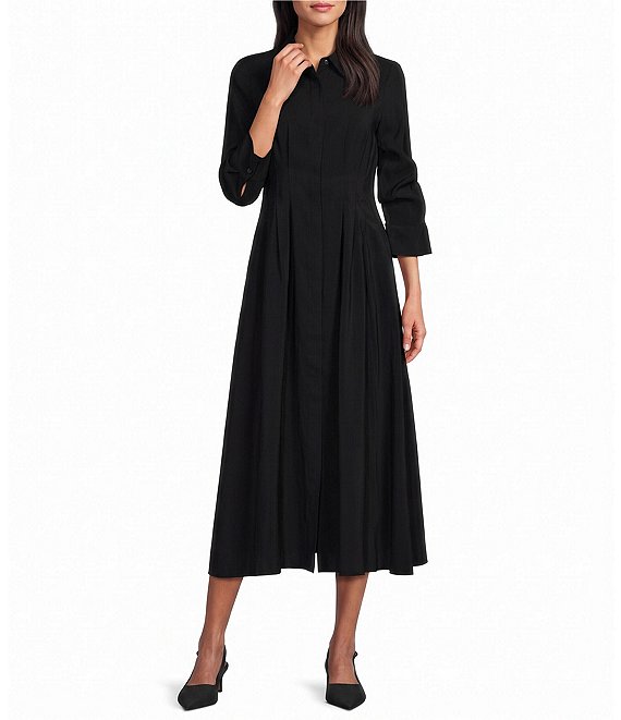 Anne Klein Soft Twill Collar Neck Elbow Sleeve Pleated A-Line Dress