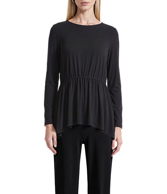 Anne Klein Solid Jersey Crew Neck Long Sleeve Shirred Waist Top