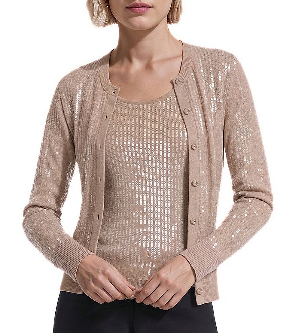 Anne Klein Solid Sequin Crew Neck Button Front Cardigan