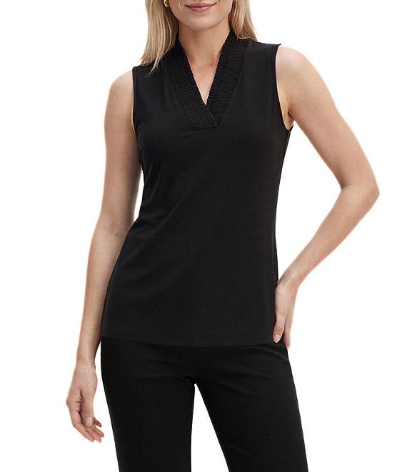 Anne Klein Solid Smocked V-Neck Sleeveless Fitted Tank Top
