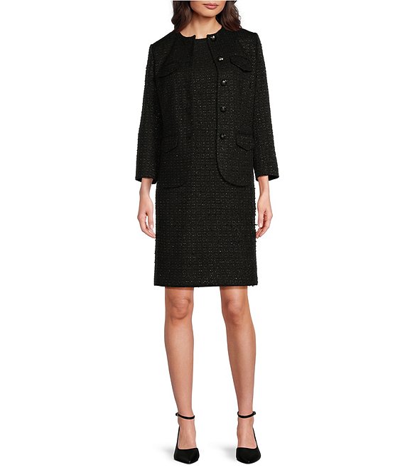 Anne Klein Tweed Flap Pocket 5 Button Long Sleeve Lady Jacket Tweed Round Neck Sleeveless Princess Seam Sheath Dress Dillard s