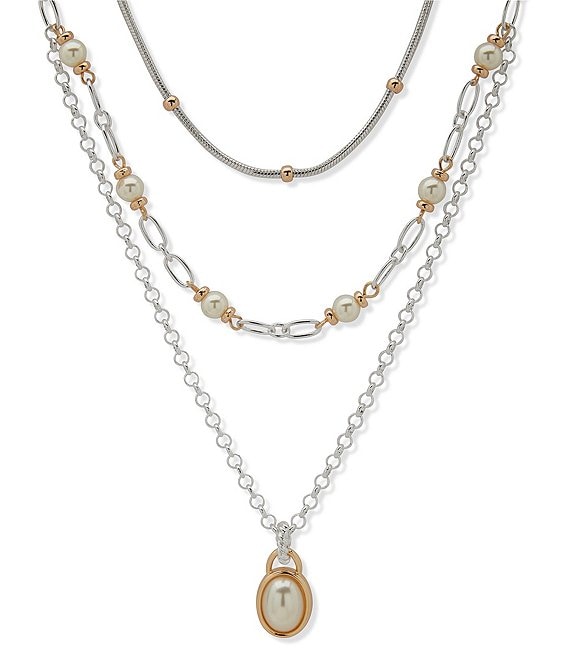 Anne Klein Two Tone Chain Multi Row Pearl Pendant Short Multi-Strand Necklace