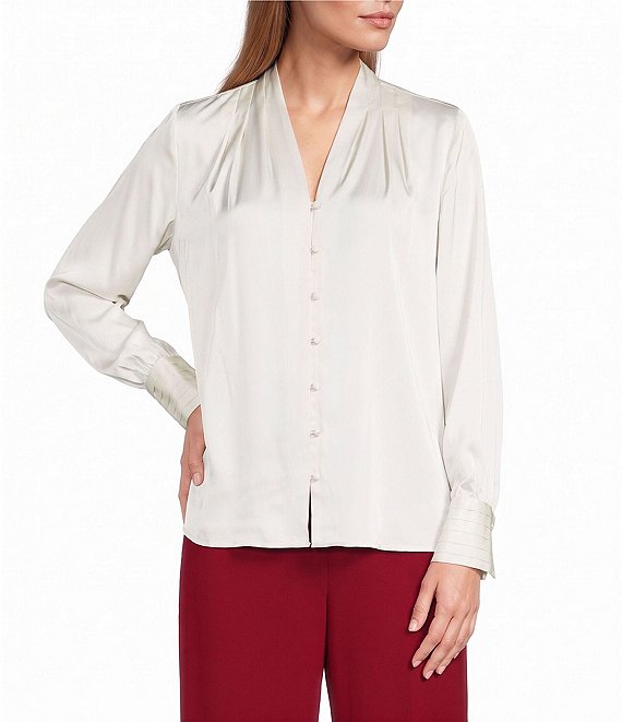 Anne Klein V-Neck Button Front Long Sleeve Pleated Cuff Satin Blouse