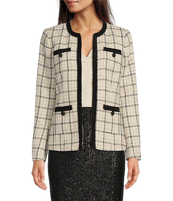 Anne Klein Wool Blend Tweed Plaid Novelty Trim Collarless Front Pocket  Jacket