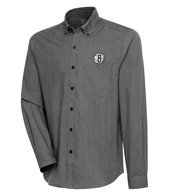 Color:Brooklyn Nets Black - Image 1 - NBA Eastern Conference Compression Long Sleeve Woven Shirt