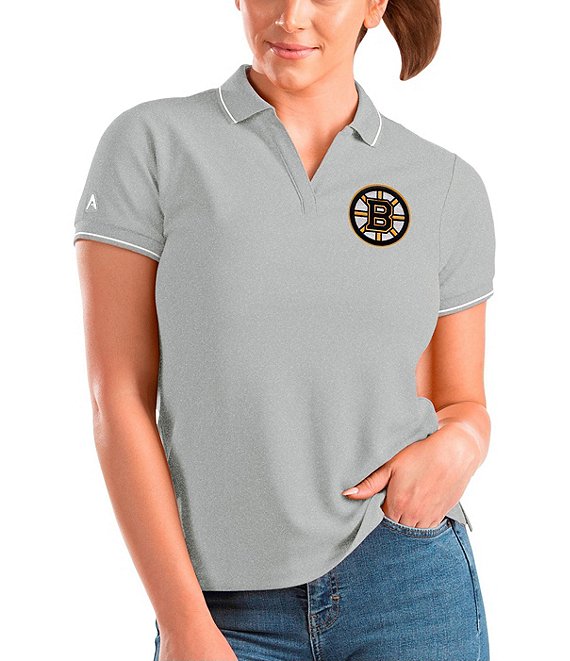 Color:Boston Bruins Grey Heather/White - Image 1 - Women's NHL Eastern Conference Affluent Short-Sleeve Polo Shirt