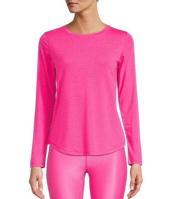 Color:Bright Pink - Image 1 - Active At Ease Knit Crew Neck Long Sleeve Relaxed Fit Shirt