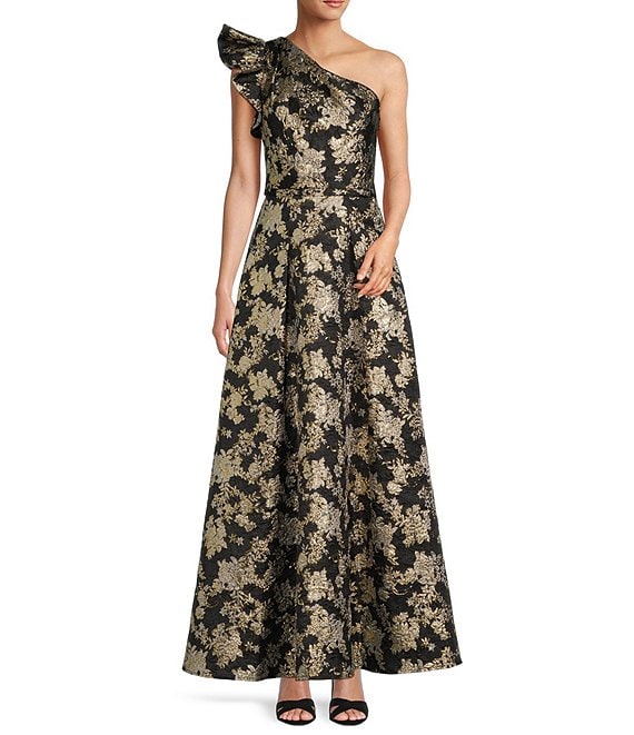 Color:Black/Gold - Image 1 - Amelia Jacquard Asymmetric Neck Dress