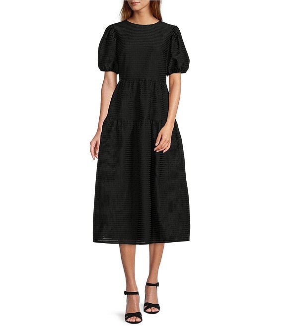 Color:Black - Image 1 - Audrina Round Neck Short Puffed Sleeve Gingham Tiered Tea Length Dress