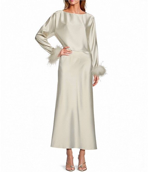 Antonio Melani Blyss Drapey Satin Boat Neck Long Sleeve Feather Cuff Blouse