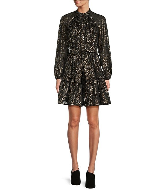 Color:Black/Gold - Image 1 - Camila Chiffon Mock Neck Long Sleeve Button Front Dress