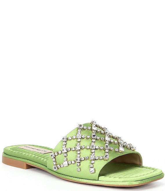Color:Algae Green - Image 1 - Dacie Satin Jeweled Flat Square Toe Slides