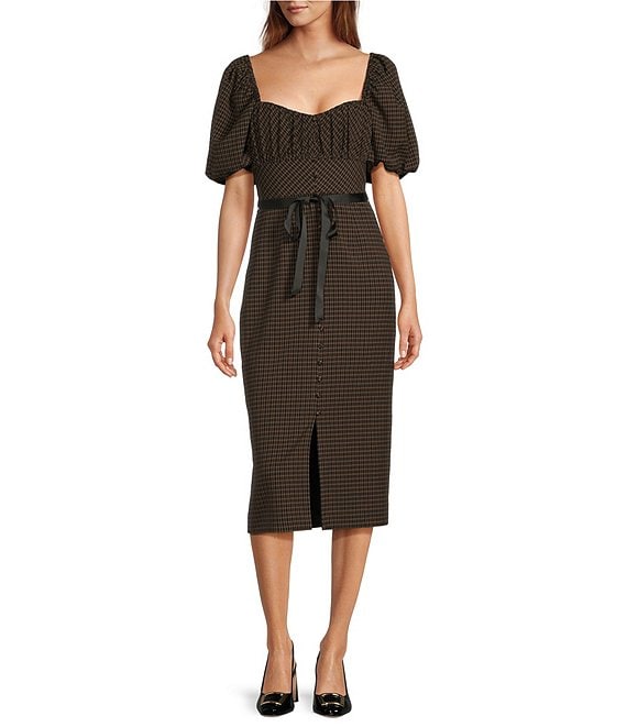 Color:Ember/Black - Image 1 - Donna Novelty Check Sweetheart Neck Midi Dress