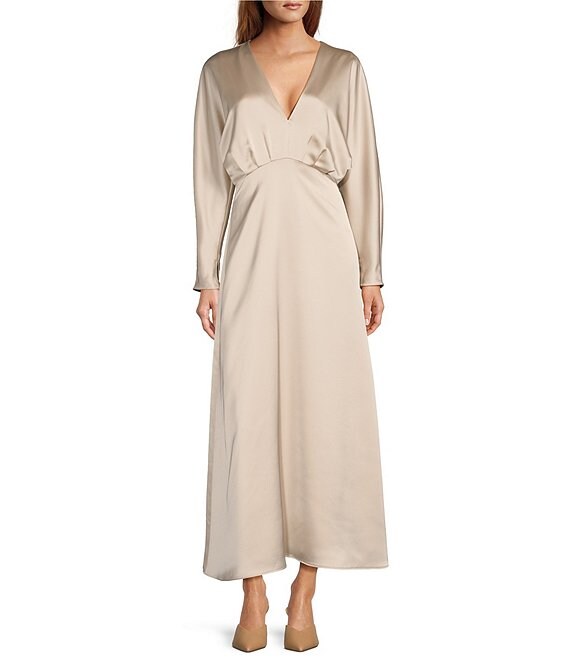 Antonio Melani Harlow Satin V-Neck Long Sleeve Maxi Dress