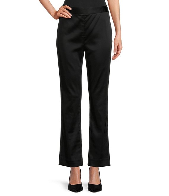 Color:Black - Image 1 - Janelle Flat Front Satin Pants