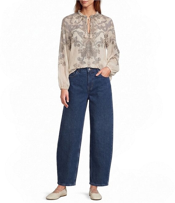 Antonio Melani Lilith Paisley Print Voile Split V-Neck Tie Front Long Sleeve Coordinating Blouse