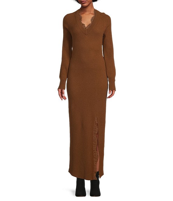 Color:Chestnut - Image 1 - Linda Cashmere Long Sleeve V-Neck Sweater Dress