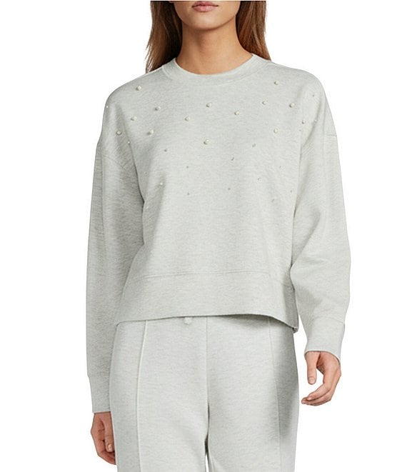 Antonio Melani Coordinating Long Sleeve Crew Neckline Embellished Pearl Pullover Top