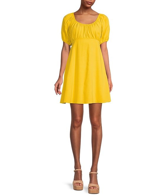 Color:Citron - Image 1 - Maria Mini Scoop Neck Short Puffed Sleeve A-Line Dress