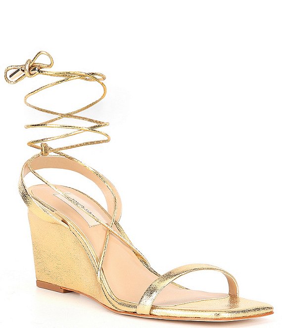 Color:Gold - Image 1 - Maryamm Metallic Leather Lace-Up Wedge Sandals