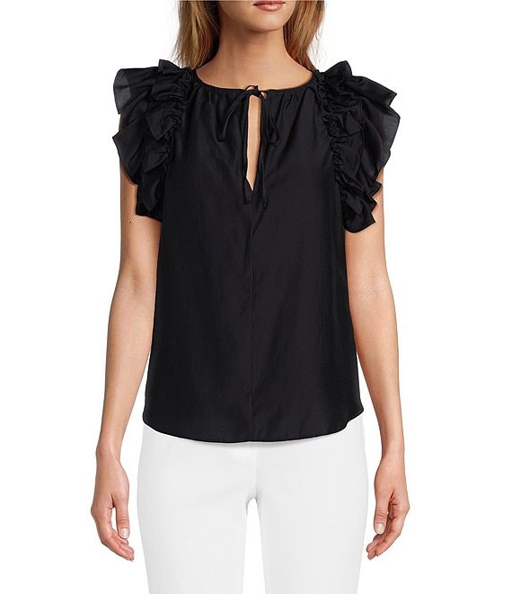 Antonio Melani Meadow Split V-Neck Short Puff Ruffle Sleeve Blouse ...